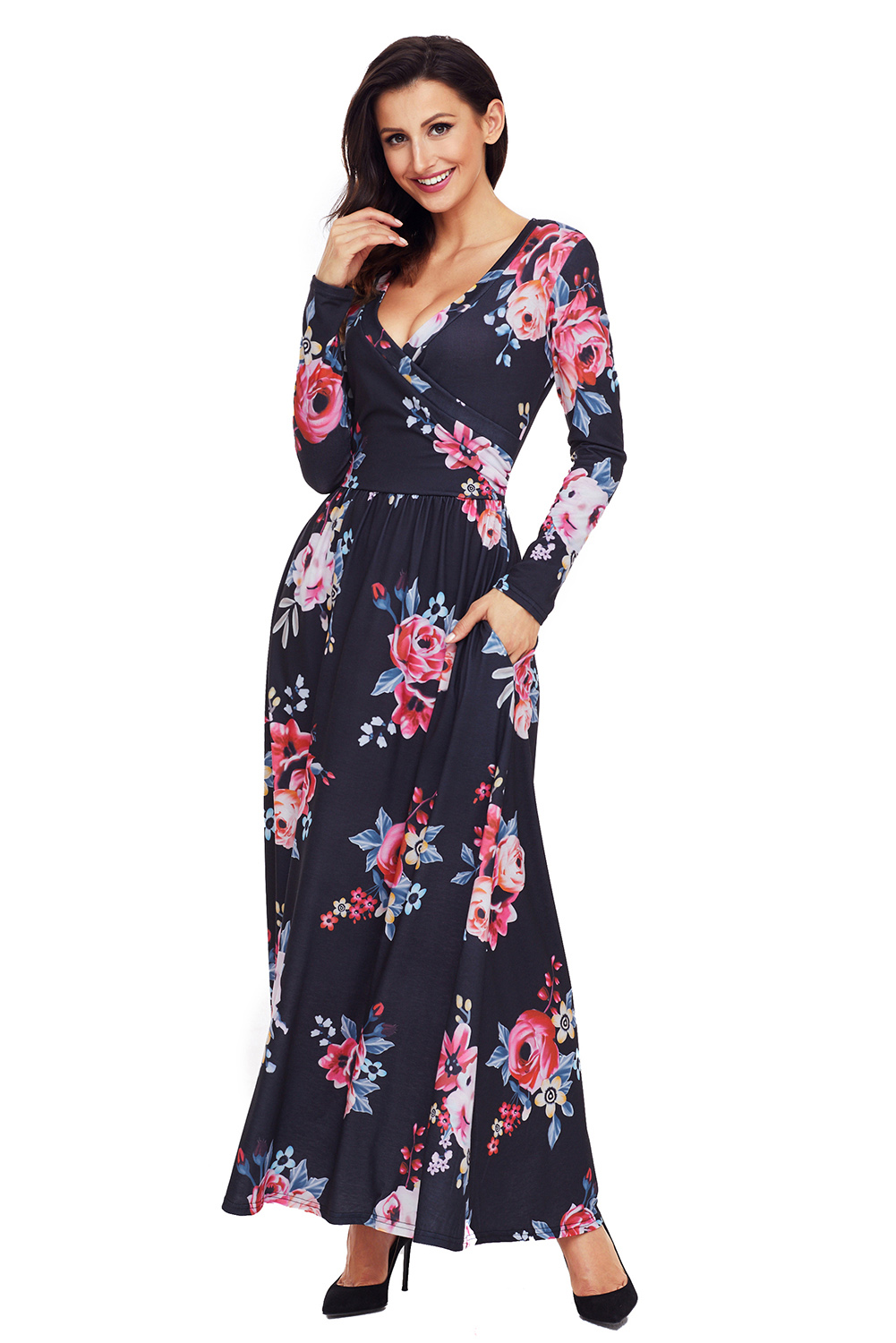 BY61772-2 Black Floral Surplice Long Sleeve Maxi Boho Dress